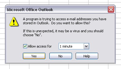 Outlook kommer att be om en bekräftelse när Excel försöker koppla upp sig.