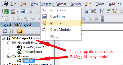 Lägg till en ny modul i VBA-hanteraren.