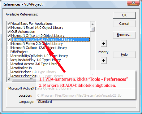 Aktivering av ADO-bibliotek i Excel VBA.