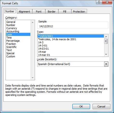 I fönstret "Format Cells" kan de flesta av cellens format justeras.