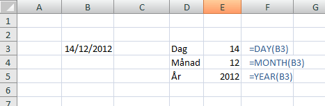 Exempel på några formler i Excel som bryter ut datumets delar.