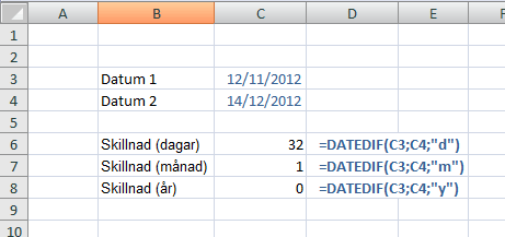 Formeln DATEDIF låter dig beräkna skillnaden i år eller månader mellan två datum.