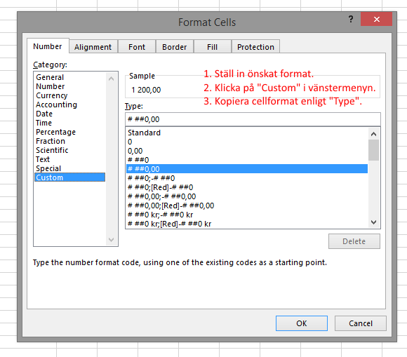 I dialgorutan "Format Cells" kan du finna lämpliga formatkoder att använda i din TEXT-formel.