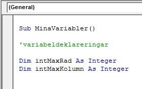 Exempel på en variabeldeklarering i Excel VBA.