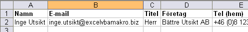 Exempel på Outlook-kontakter som importerats ttill Excel.